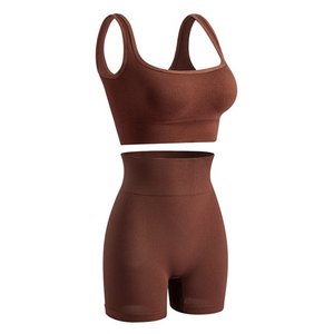 Ensemble de sport décontracté à épaules tombantes en toile vintage lavée, couleur unie, doux, short de yoga + soutien-gorge de sport croisé, survêtement pour femmes - Product Image 1
