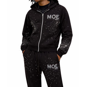 Sudadera con capucha para hombre, con cremallera, de algodón y forro polar, con pedrería, estilo urbano, informal, de manga larga, para OEM, marca privada, venta al por mayor - Product Image 1