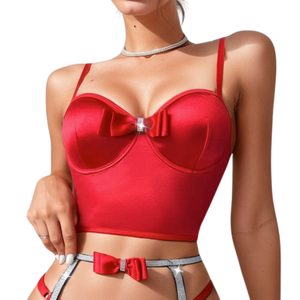 <b>Red</b> Bow Detail Bustier <b>Lingerie</b> Set Women Satin Corset Top Adjustable Straps With Matching Bottom - Product Image 4