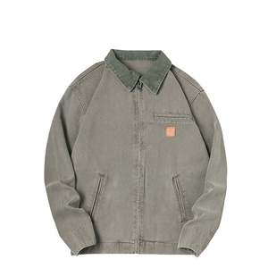 Blouson d'aviateur surdimensionné à fermeture éclair complète à bord brut graphique brodé au design personnalisé Veste de travail en denim délavé vintage pour hommes - Product Image 1