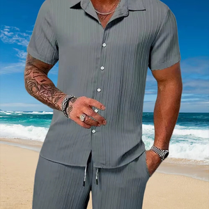 Ensembles Décontractés Quotidiens Respirants en Coton et Lin pour Homme avec Chemise Vintage à Col Mao Boutonnée et Short, Vêtements d'Été pour Homme - Product Image 1