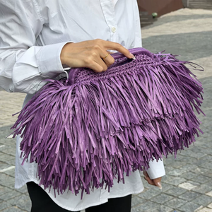Beaufy Raffia Fringe Evening Clutch <strong>Bag</strong> Boho Top Handle Straw Purse Handmade Woven <strong>Lilac</strong> Summer <strong>Bag</strong> with Snap Closure 40x22cm - Product Image 2