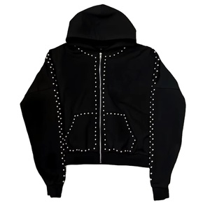 Sudadera con capucha y cremallera de lujo para hombre, ropa de calle de gran tamaño personalizada con tachuelas de diamantes de imitación, forro polar pesado de algodón 100%, OEM ODM - Product Image 4