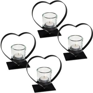 Elegante Set di 4 portacandele in vetro di metallo nero a forma di cuore 15x6x15cm per la luce del tè-per decorazioni per la casa e il matrimonio - Product Image 1