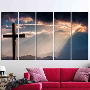 Impression sur toile élégante de croix chrétienne, art des montagnes au lever du soleil, affiche de Jésus-Christ, lot de 5 toiles - Product Image 1
