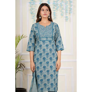 Kurta pantalon dupatta pour femme en coton cambric, coupe régulière, longueur genou, imprimé floral, bouton, col en V, taille naturelle, écologique - Product Image 6