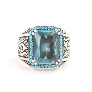 925 Sterling Silver Rectangular Aquamarine Stone Men's <b>Ring</b> Geometric Fine Jewelry for Everyday Wear Oval Cut Platinum GRS - Product Image 5