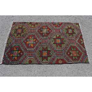 Tapis turc vintage, tapis Kilim 2,7x4,6 pieds, tapis en laine rouge et vert uni - Product Image 3