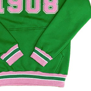 Sweat-shirt personnalisé en chenille vert imprimé hiver, bande rose, respirant, poignets côtelés dorés, poche kangourou, anti-rétrécissement, devant - Product Image 2