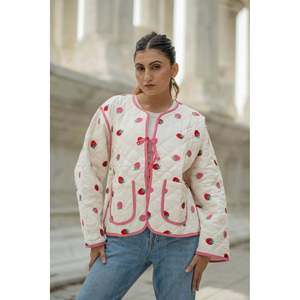 Women's Boho Chic White Cotton Quilted Kantha <b>Jacket</b> <b>Short</b> Suzani Kimono Coat Strawberry Embroidery Handmade All Season Warm - Product Image 4