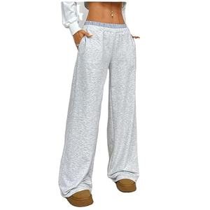 OEM 2026 <b>Pants</b> High Quality 100% Cotton Comfortable Low Rise Double Waist Grey Wide Leg Sweatpants for <b>Women</b> - Product Image 5