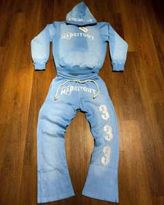 Custom Men Heavyweight Streetwear Oversized Cropped Acid Wash Distressed Rhinestone <b>Sweatpants</b> and Hoodie <b>Set</b> - Product Image 3