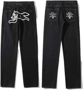 กางเกงยีนส์สำหรับผู้ชายสีดำล้างทรงหลวมผ้าเดนิมปักลาย - Product Image 4