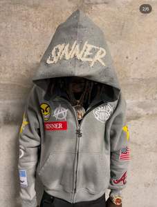 Sweat à capuche en molleton respirant écologique pour homme avec fermeture éclair, imprimé DTG personnalisé, lavage à l'acide, streetwear, strass brodés - Product Image 5