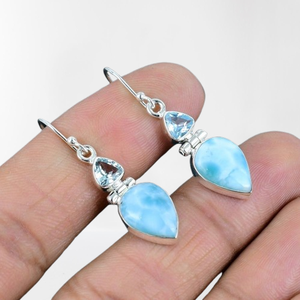 925 solide en argent Sterling Spinner Larimar pierres précieuses boucles d'oreilles de haute qualité Dangle Collection boucles d'oreilles bijoux fins femmes et filles - Product Image 1