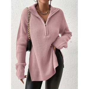 Women's Zip-Front <b>Mock</b> <b>Neck</b> Knit Sweater-Slim Fit Breathable & Warm Summer <b>Top</b> - Product Image 2