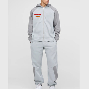 Conjunto de 2 piezas de chándal de algodón 100% personalizado de gran venta: Sudadera con capucha holgada con cremallera y pantalones de chándal de pierna recta para hombre con bloques de color. - Product Image 6