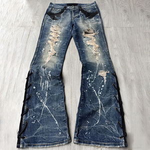 Jeans Ajustados Azul y Blanco Vintage 2026, Talla Grande, Estilo Urbano, Lavado Desgastado, Cintura Media con Ribete de Cremallera - Product Image 1