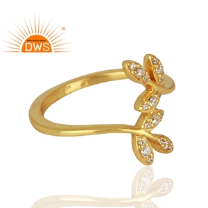 Latest Design Sterling Silver 18K Gold Plated Natural <b>Cz</b> Gemstone Leaf Design <b>Ring</b> Jewelry Manufacturer - Product Image 3