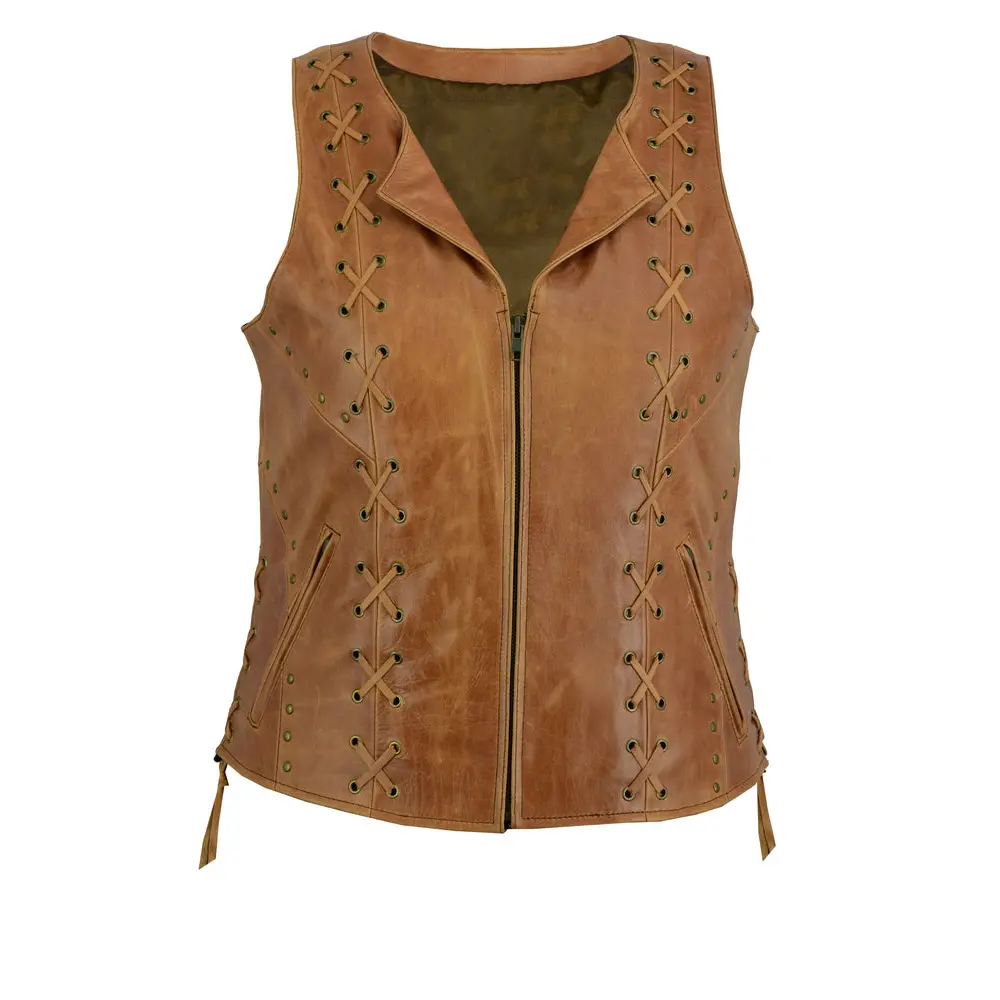 Latest Fashion Design Pure Leather Women's Brown Vest with Lacing Details fabulous brown tone on tone leather lace ultra soft.