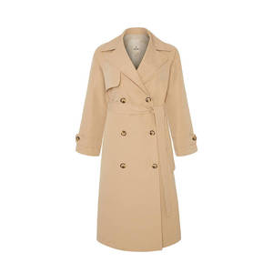 Manteau long élégant décontracté pour femme, beige, double boutonnage, coupe-vent grande taille avec bordure en fourrure et détails imprimés - Product Image 1