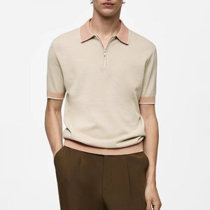 Polo pour homme 100% coton 14 zip, coupe ample, motif uni brodé, style décontracté - Product Image 1