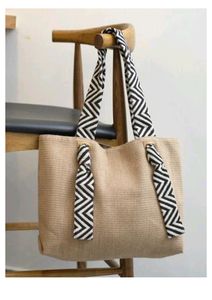 Chevron Strap Burlap Tote Bag With Natural Jute Body And Patterned Woven Straps In Black Designed For Everyday Carry Use - Product Image 2