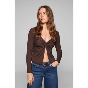 GRIMELANGE ANUVIEA Blusa de Manga Larga para Mujer con Cuello Asimétrico y Abertura Frontal en Tela Elástica - Product Image 1