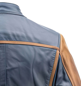 Blouson d'été matelassé léger et imperméable en peau de mouton véritable bleu marine et marron, style motard, col montant, multi-zippé, décontracté, avec doublure Sherpa - Product Image 5