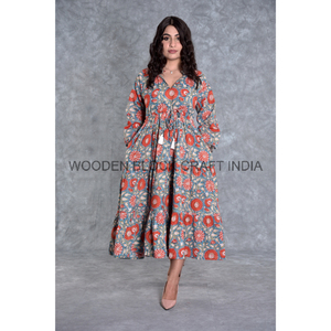 Vestido Midi Bohemio con Cuello en V, Manga 3/4, Holgado, Casual, Moderno, de Algodón Puro, Estampado Floral, Transpirable, Elegante, para Verano - Product Image 2