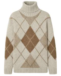 Customized Premium Women <b>Turtleneck</b> Argyle Knit Sweater Soft Warm Winter Pullover Casual Fashion <b>Top</b> Light Beige Brown Color - Product Image 1