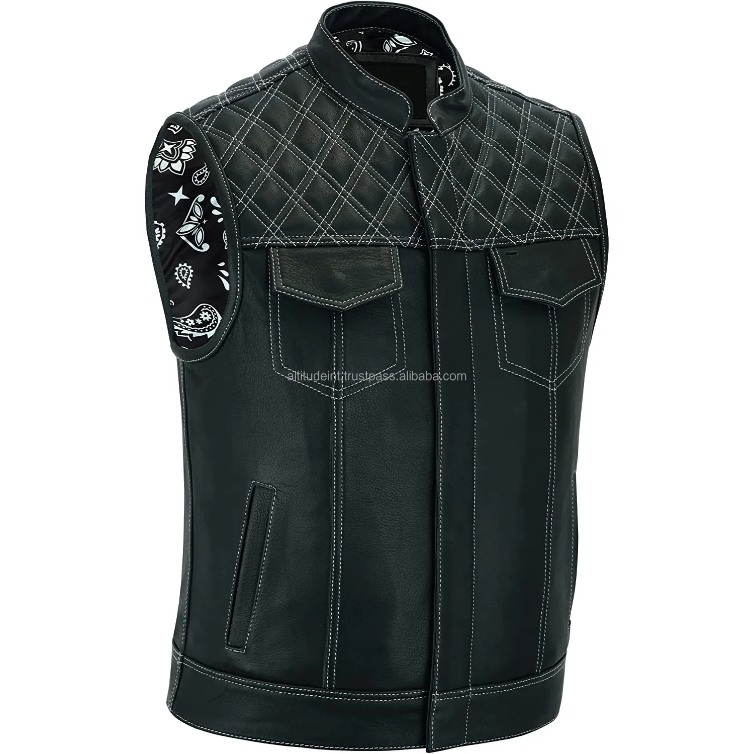 New Men's Custom Wholesale Leather Zip And Button Motorcycle Vest Casual Leather Vest With Pocket Sleeveless Coat For Riders