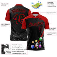 Polo de billar personalizado de primera calidad, patrón 3D negro y rojo, opción de logotipo de equipo de alta calidad, ropa deportiva de rendimiento