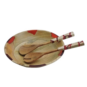 Juego de 3 piezas de cuenco para servir de madera de Acacia con estampado esmaltado, cuenco de madera para servir comida de diferentes tipos, cuenco de madera para restaurante y boda - Product Image 4