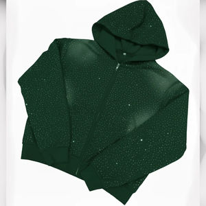 Sweat à capuche zippé surdimensionné en rouge délavé personnalisé de qualité supérieure, avec strass, pour homme et femme, streetwear d'hiver, mode - Product Image 2