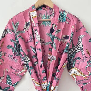 Bata de dama de honor hecha a mano con estampado de bloques de algodón, Kimono Floral, bata para bodas, ropa de dormir, albornoz para playa, vestidos informales - Product Image 1