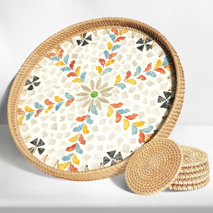 ถาดรองหวายทรงกลมเป็นมิตรกับสิ่งแวดล้อมพร้อมถาดรองแก้วเครื่องจักสานแบบฝังมุกสำหรับโต๊ะกาแฟถาดสำหรับตกแต่งอาหาร - Product Image 1