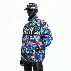 Veste coupe-vent pour femmes en tissu polyester, imprimé graffiti multicolore, design de panneau frontal, logo personnalisé, veste à sublimation pour femmes - Product Image 4