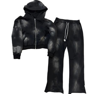 Lavage à l'acide personnalisé de haute qualité hommes 2 pièces ensemble vierge surdimensionné Quad à capuche 320gsm hommes rue fermeture éclair à capuche - Product Image 2