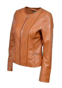 Chaqueta de cuero de Napa real suave de diseñador de moda elegante de bronceado para mujer, chaqueta marrón de cuero puro para mujer - Product Image 5