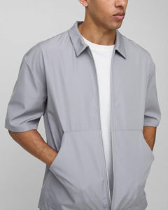 Men's Gray Short Sleeve Velour Outerwear Set Front Solid Casual Spring Breathable Woven Polyester Hooded Collar Plain Dyed - Product Image 5