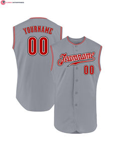 Premium de haute qualité personnalisé gris rouge-noir authentique sans manches nom de l'équipe broderie Baseball Jersey - Product Image 1