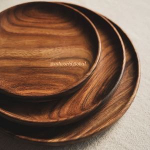 Assiette à salade ronde en bois d'acacia faite à la main écologique pour les restaurants pour la nourriture Snack Canape Steak Dessert Cake Servant - Product Image 6