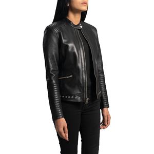 Veste de motard en cuir véritable en peau de mouton avec fermeture à glissière aniline Cityscape noir pour femmes avec doublure en viscose matelassée et poches intérieures extérieures - Product Image 6