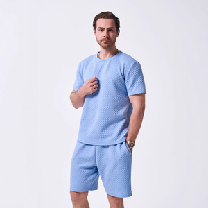 Conjunto de ropa de pantalones cortos de punto de Color sólido para hombre de viaje de verano, camiseta de manga corta con cuello redondo, conjunto de pantalones cortos para hombre, uso diario - Product Image 6