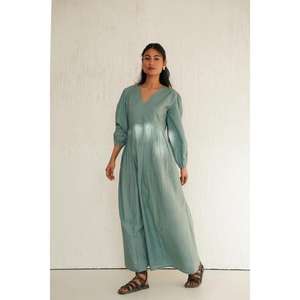 Vestido Largo de Algodón Verde Azulado Sólido para Mujer, Cuello en V, Plisado, Manga Corta, Estilo Casual, Étnico, Urbano, Gótico, con Estampado Floral, Ropa de Verano - Product Image 2