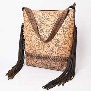 Bolso bohemio de cuero genuino para mujer hecho a mano, minitote de piel de vaca Floral occidental con borlas, eslinga de transporte oculta para - Product Image 1