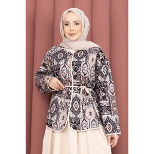 Conjunto de Dos Piezas de Chaqueta y Falda con Patrón Étnico en Tweed Beige, Talla XS/XS - Diseño Etéreo de Top y Falda Corta - Product Image 2