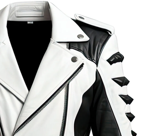 เสื้อแจ็คเก็ตมอเตอร์ไซค์หนังสีน้ำเงิน ขาว ดำ สำหรับผู้ชาย แบบ Color Block สไตล์ Biker Racing ขายส่ง พร้อมซิป เข็มขัด และตกแต่งหมุดโลหะ - Product Image 4