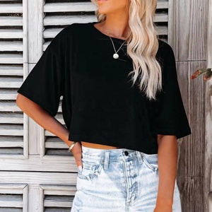 Camiseta corta con cuello redondo para mujer, ropa de calle, Tops cortos de punto liso, Camiseta holgada para mujer, camisetas informales multicolores para mujer - Product Image 4